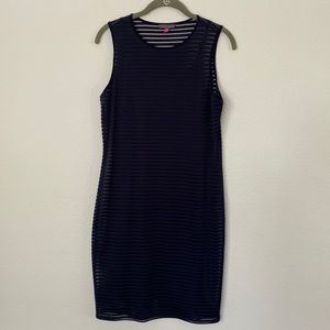 VINCE CAMUTO Navy Blue sheer striped lined sheath dress over a slip dress